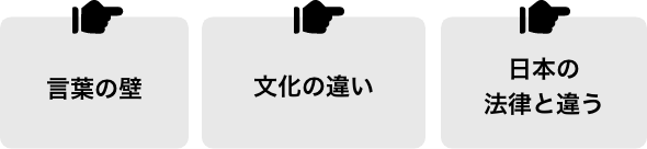 言葉の壁、文化の違い、日本の法律と違う